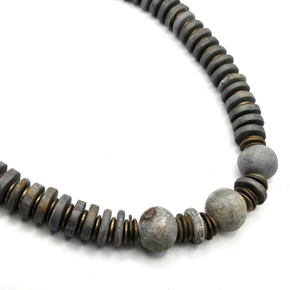 Vintage Gray Cast Stone Disc and Sphere Bead Necklace with Brass Spacers 20